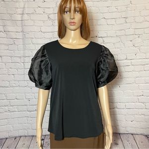 NWT New $79 Adrianna Papell Black Knit Organza Puff Sleeve Top Size M